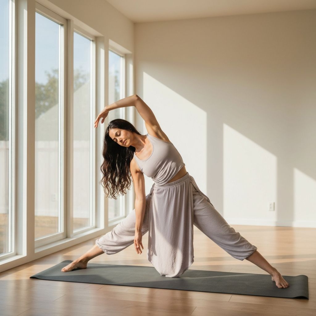 Woman practicing gentle morning yoga in bright home studio, stretching activity for daily wellness