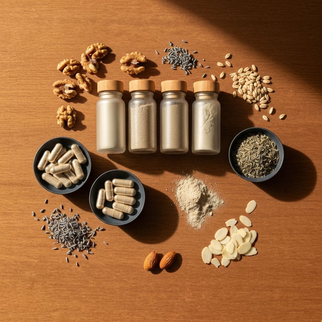 Flat lay of natural supplement formats including capsules, powders in bottles, wooden surface with natural ingredients