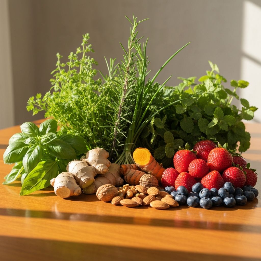 Natural ingredients display with herbs, plants, berries, nuts arranged on wooden table in Nordic styling