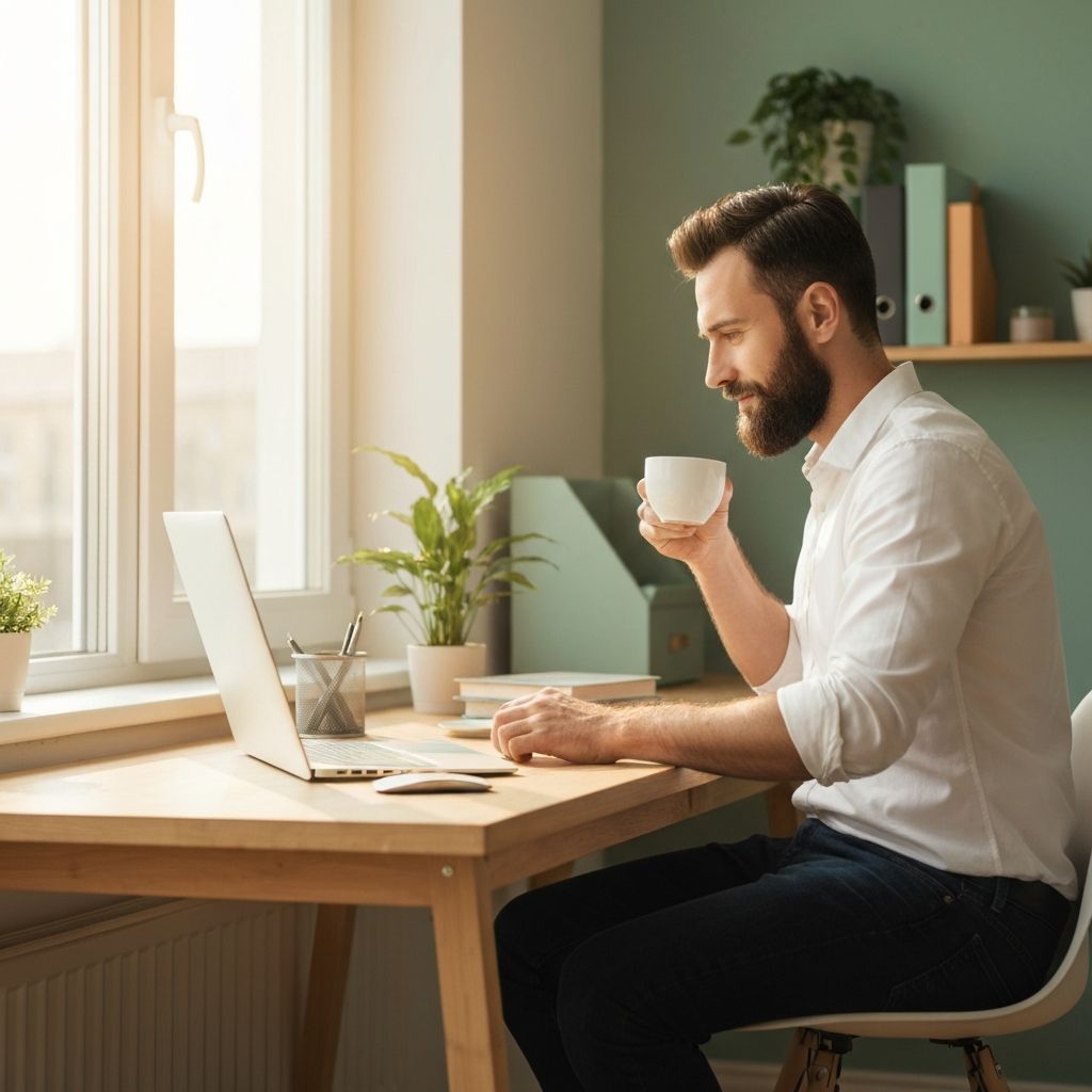 Man working with focus and energy at bright minimalist desk with natural morning light