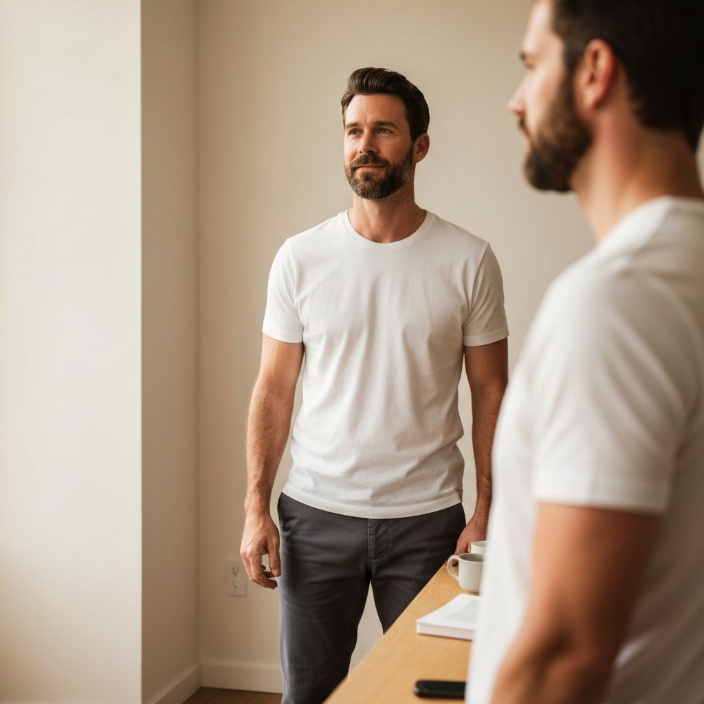 Man in casual comfortable clothing appearing calm and composed with healthy confident expression